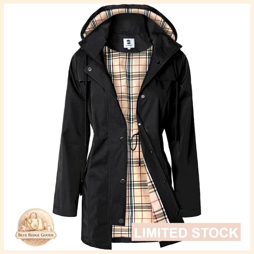Long Hooded Rain Jacket Windbreaker Water-Resistant Outdoor Trench Coat